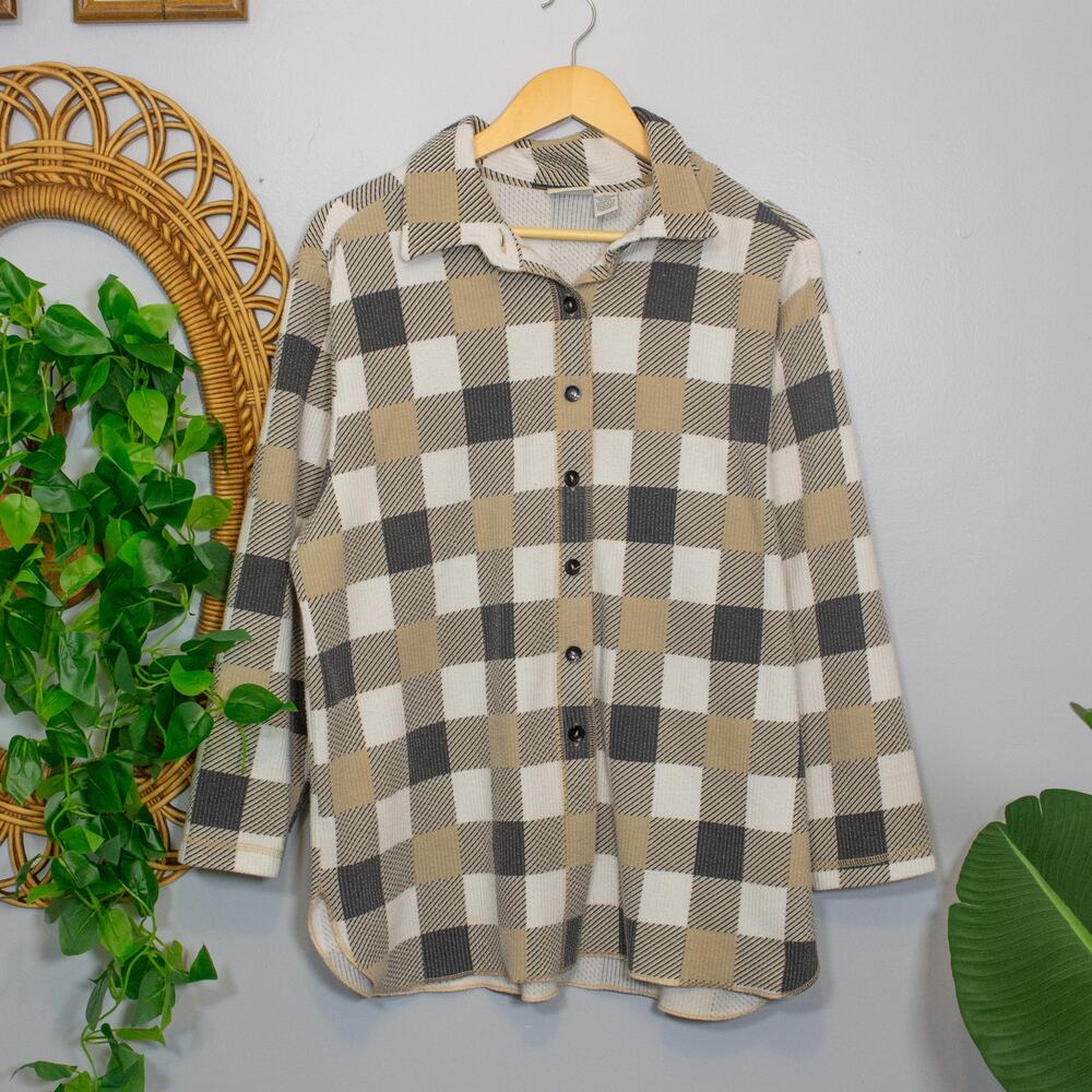 Classic Elements Woman Plaid Flannel Button Shirt Neutral Check 1X Soft Autumn